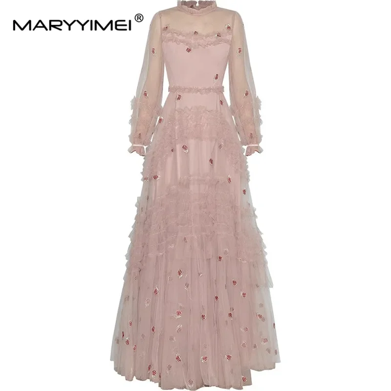 

MARYYIMEI Fashion Design Spring Summer Women's Lantern Sleeved Mesh Embroidery Mushroom Edge Pretty Slim Dresses