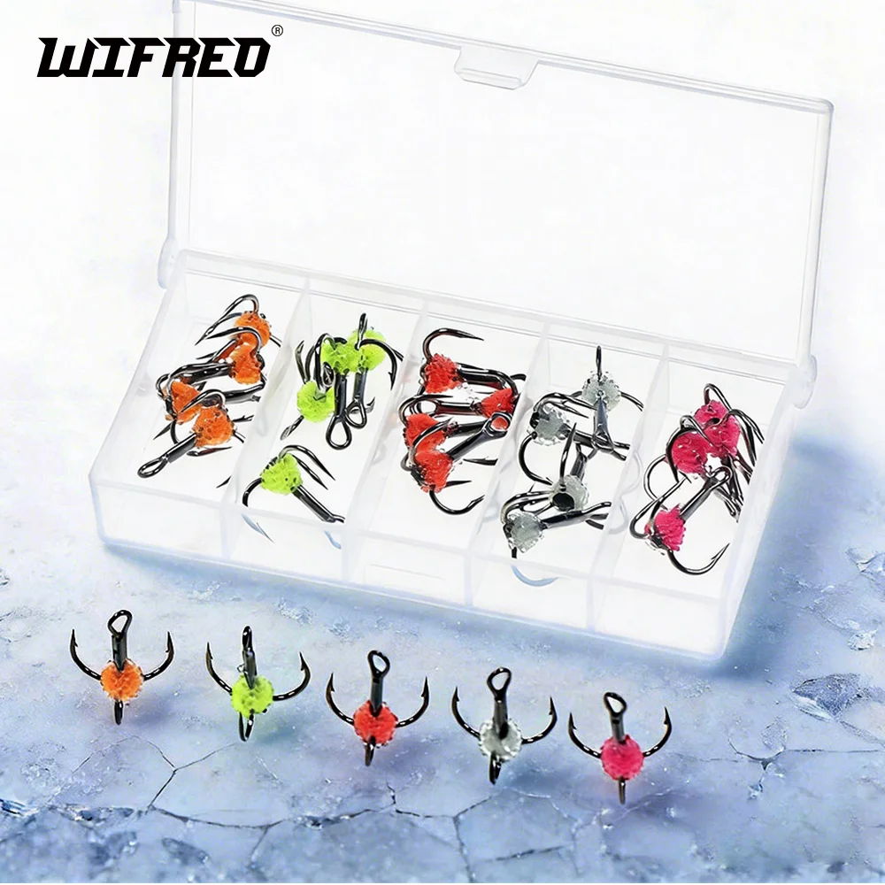 Wifreo 25 piezas # 8~ # 14 anzuelos triples de Pesca en hielo, anzuelo Triple de acero rico en carbono con huevos de pescado realistas UV, Pesca de invierno, Pesca de trucha