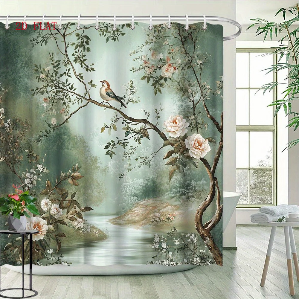 Realistic Floral Garden Shower Curtain Waterproof Bathroom Decor Curtain for Master Bath Tropical Spring Scene