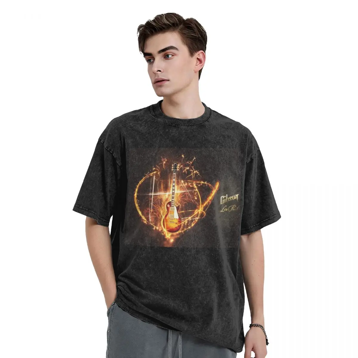 G-Gibson Music Washed T Shirts Casual Short Sleeve Hip Hop T-Shirt Streetwear Tops Tees for Men Women