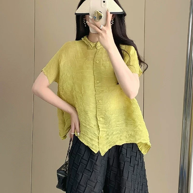 

Miyake Pleated Summer New Chiffon Shirt Female Design Sense Short-sleeved Cardigan Blouse Thin Transparent Sunscreen Clothing