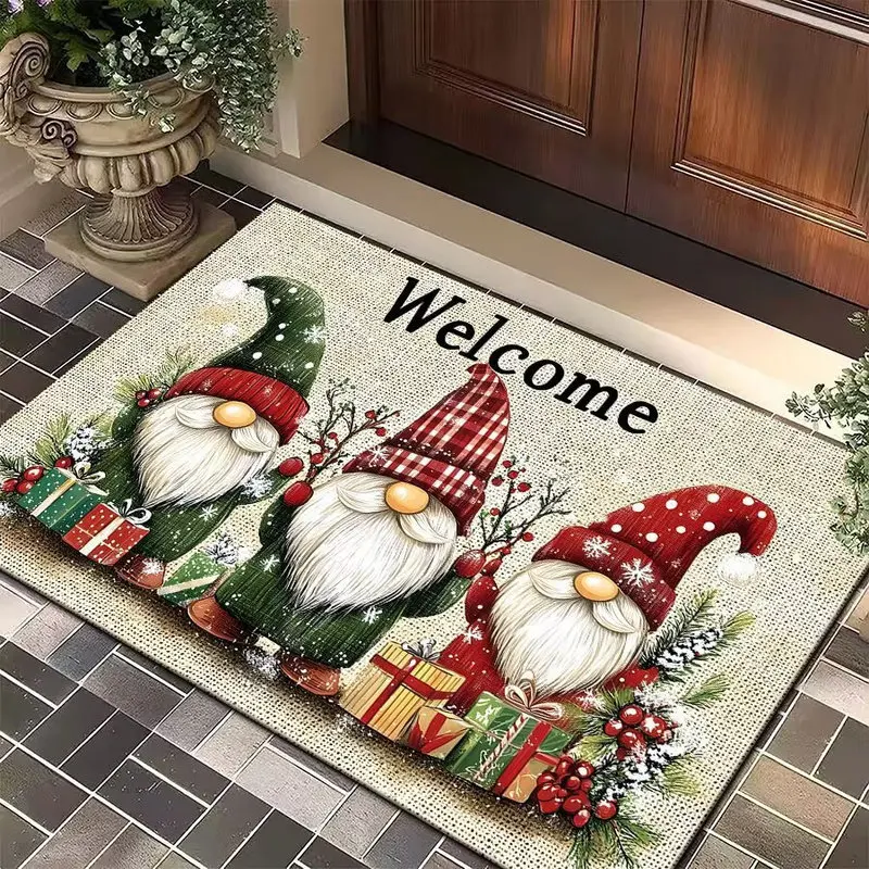 VIKAMA Christmas Gnome Tomte Gifts Welcome Front Mat, Crystal Velvet Non Slip Absorbent Bath Mat, Soft Fluffy Washable Floor Mat