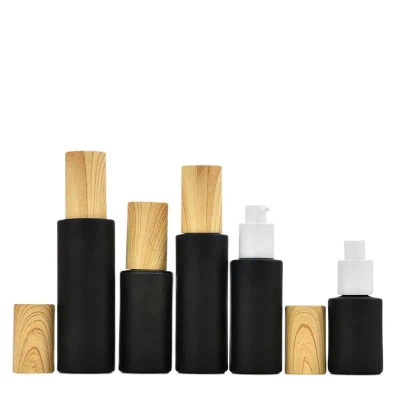 10pcs Mist Spray Bottle Matte Black Cosmetic Refillable False Wood Lid White Pump Glass Lotion Bottle 30ML40ml50ml60ml80ml100ML