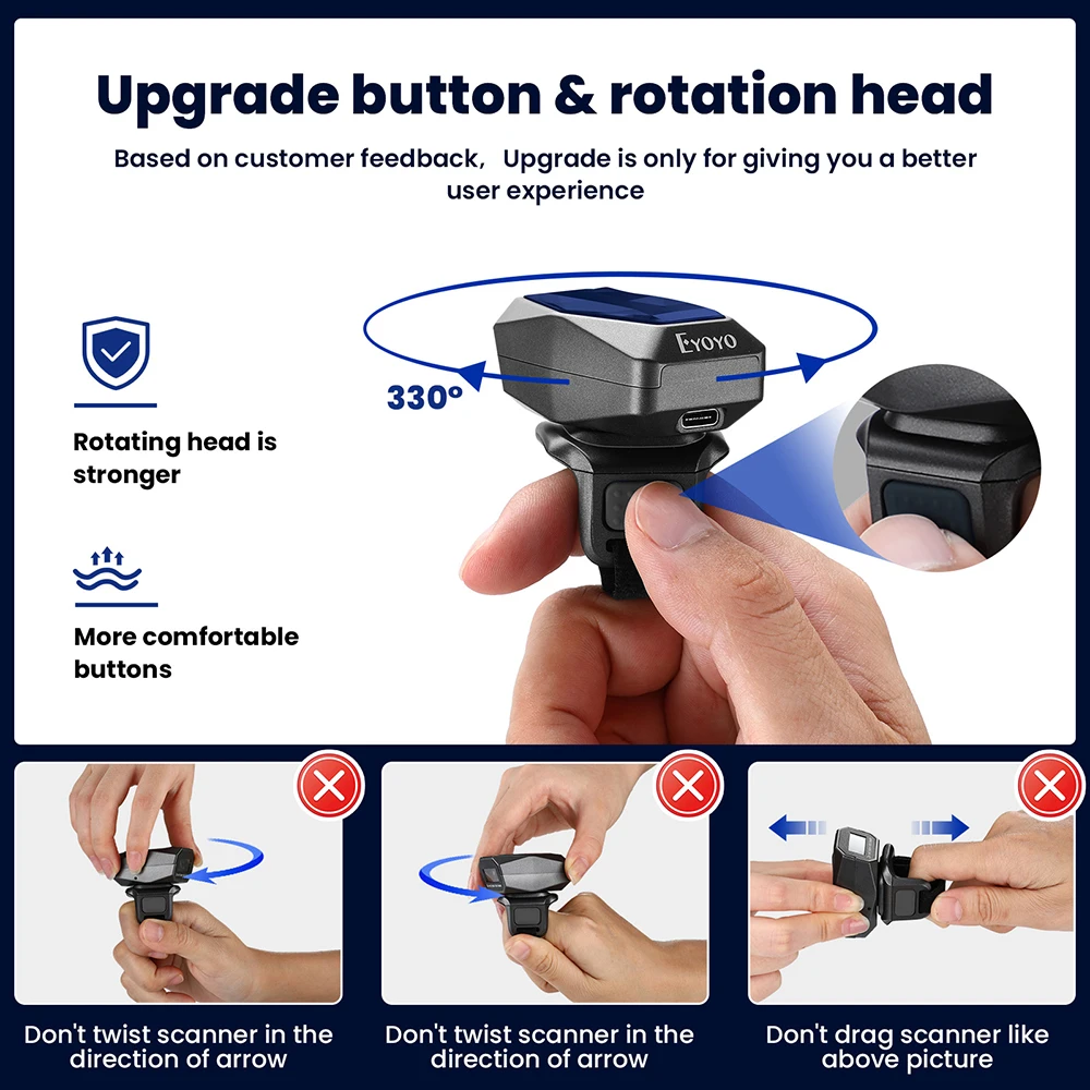 Eyoyo EY-016ZP Wireless Bluetooth Scanner Wearable Ring 2D QR Code Reader 3-in-1 USB Wired 1D Barcode Data Matrix Finger Trigger