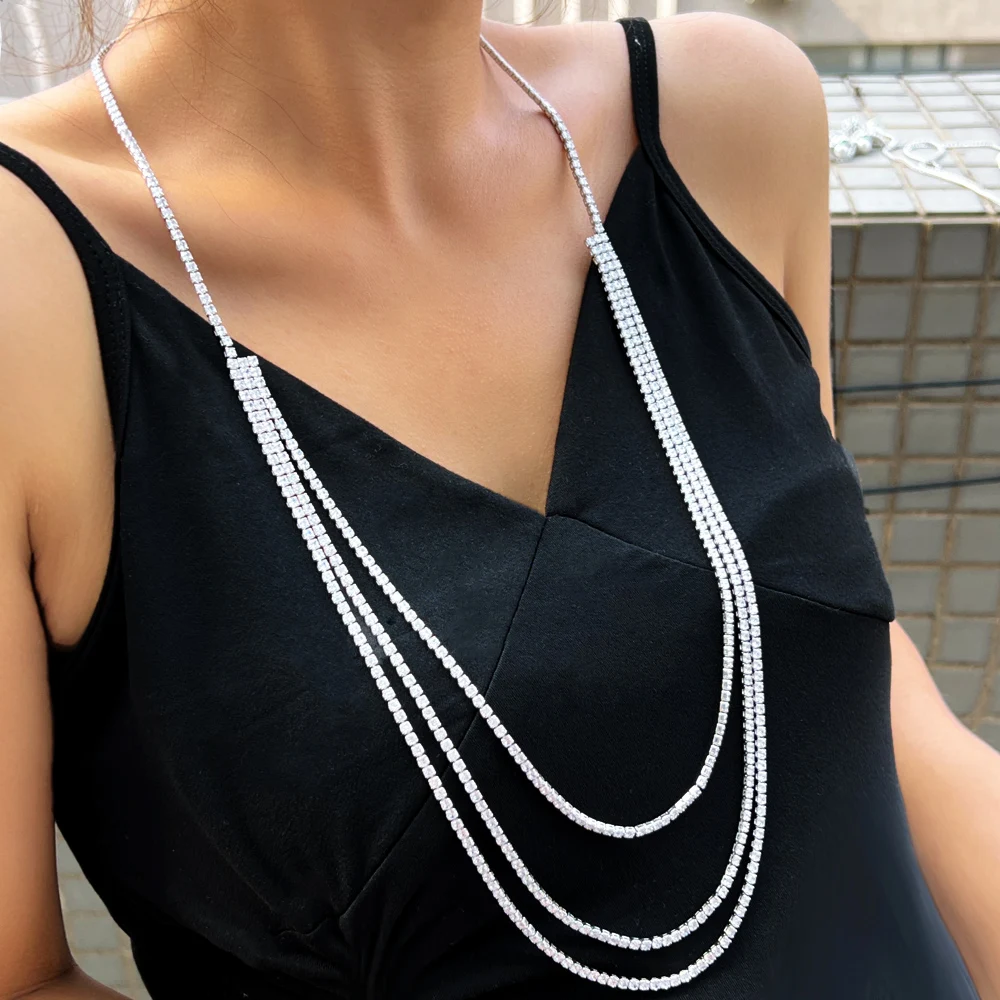 CWWZircons Funkelnde Mehrschichtige Runde Kubische Zirkonia Große Lange Tennis-Halskette für Damen Hochzeit Party Kostümschmuck CP129 – Detail 4