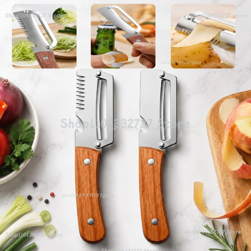 New Paring Knife Ergonomic Wood Handle Knife Stainless Steel Vegetable Peeler with Wooden Handle 2-in-1 Fruit Potato Peeler