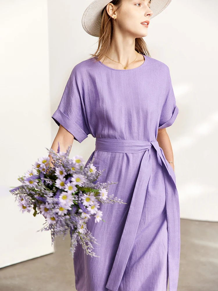 AMII Minimalist Women Dress 2023 Summer New 100% Linen Niche Fashion Artistic Temperament O-Neck Dresses Vestidos 12342278