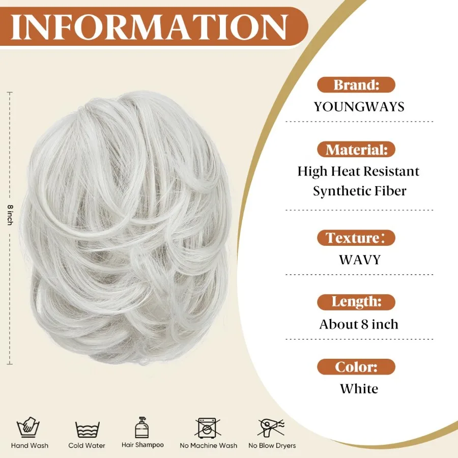 وصلات شعر صناعية بيضاء متعددة الاستخدامات لذيل حصان قصير وأنماط كعكة فوضوية قابلة للانحناء فكرة فروع الشعر المجعد المنفوش والمموج