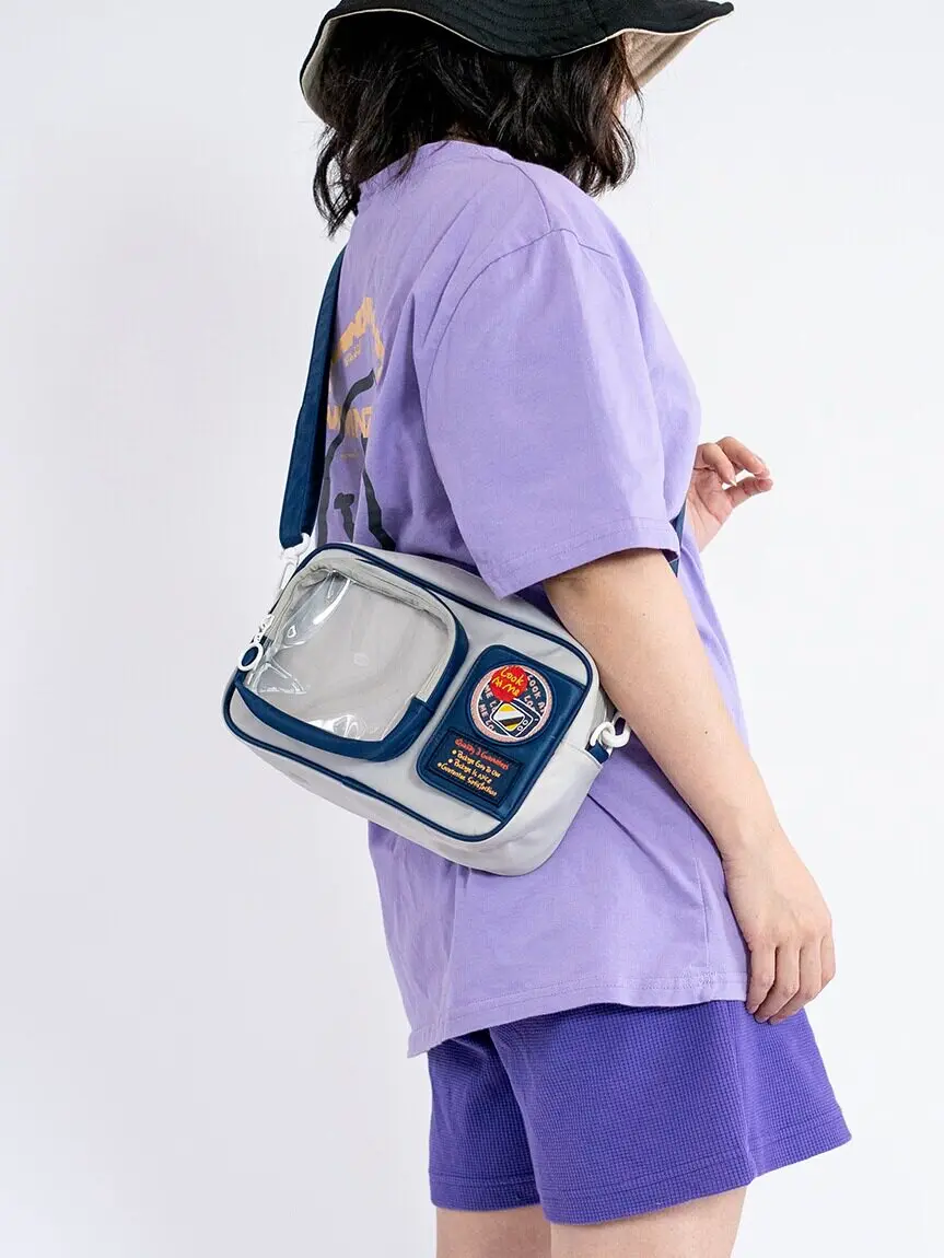Japanese Color Block Ita Bag Crossbody Sling Bags Clear Window Pin Display Bag Nylon Casual Anime Shoulder Bags for Students