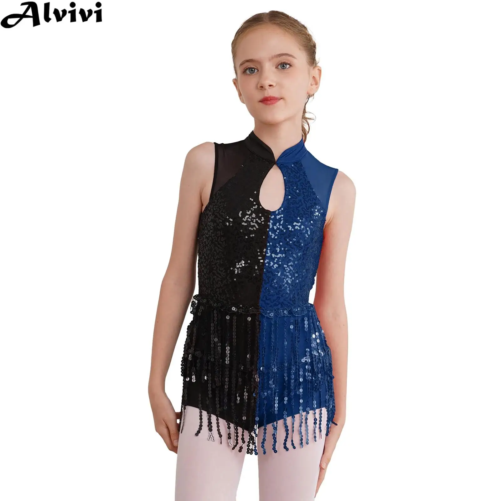 Bambini ragazze Jazz Dance Dress pattinaggio di figura ginnastica latino Cha-cha Costume senza maniche paillettes lucide nappe Sheer Mesh body