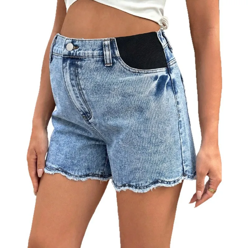 Pregnant Women Casual Denim Shorts Maternity Side Elastic Waist Wavy Frayed Hem Shorts Jeans Summer Pregnancy Clothing