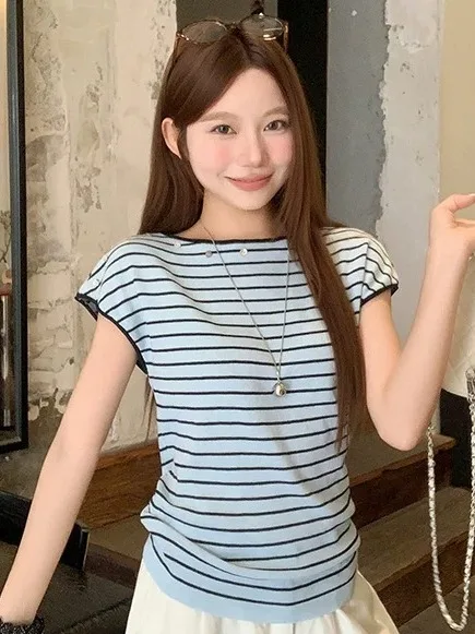 

Korean Style round Neck Striped Button Short Sleeve T-Shirt Women's Summer Slimming Versatile Top Commute Soft Blend Casual
