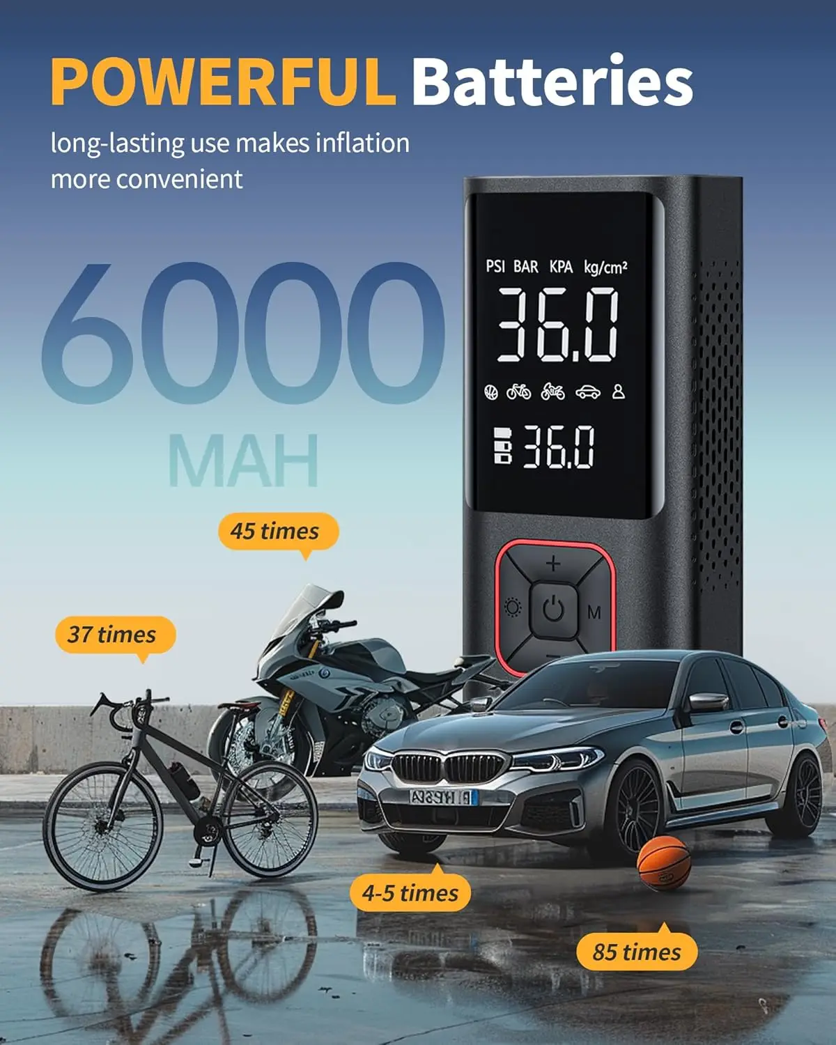 ضاغط هواء محمول لاسلكي بقوة 150 رطل لكل بوصة مربعة مع ضوء LED لإطارات السيارات والمطاطية