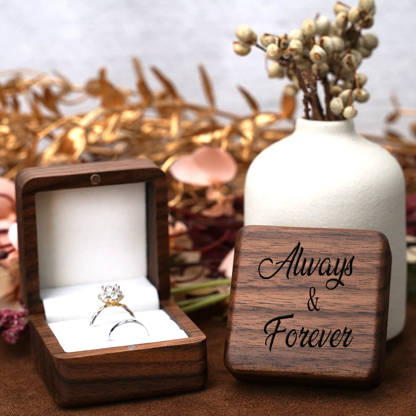 

Wood Personalized Wedding Ring Box Wedding Ring Case Ring Holder Custom Names & Date Proposal Box Engagement Box Engraved Bearer