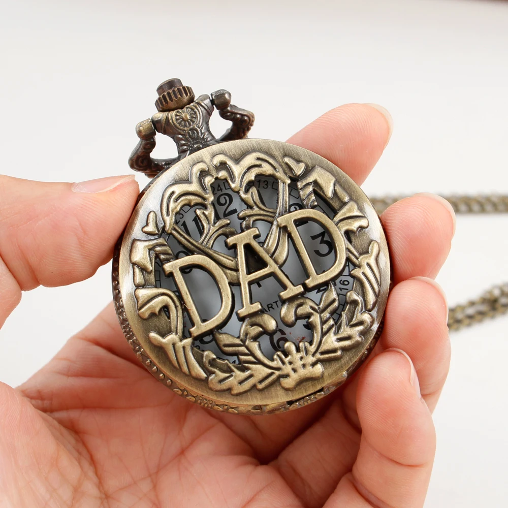 Vintage Bronze Steam Punk Pocket Watch Men's Quartz Necklace Pocket Watch DAD Carved Birthday Gift for Dad