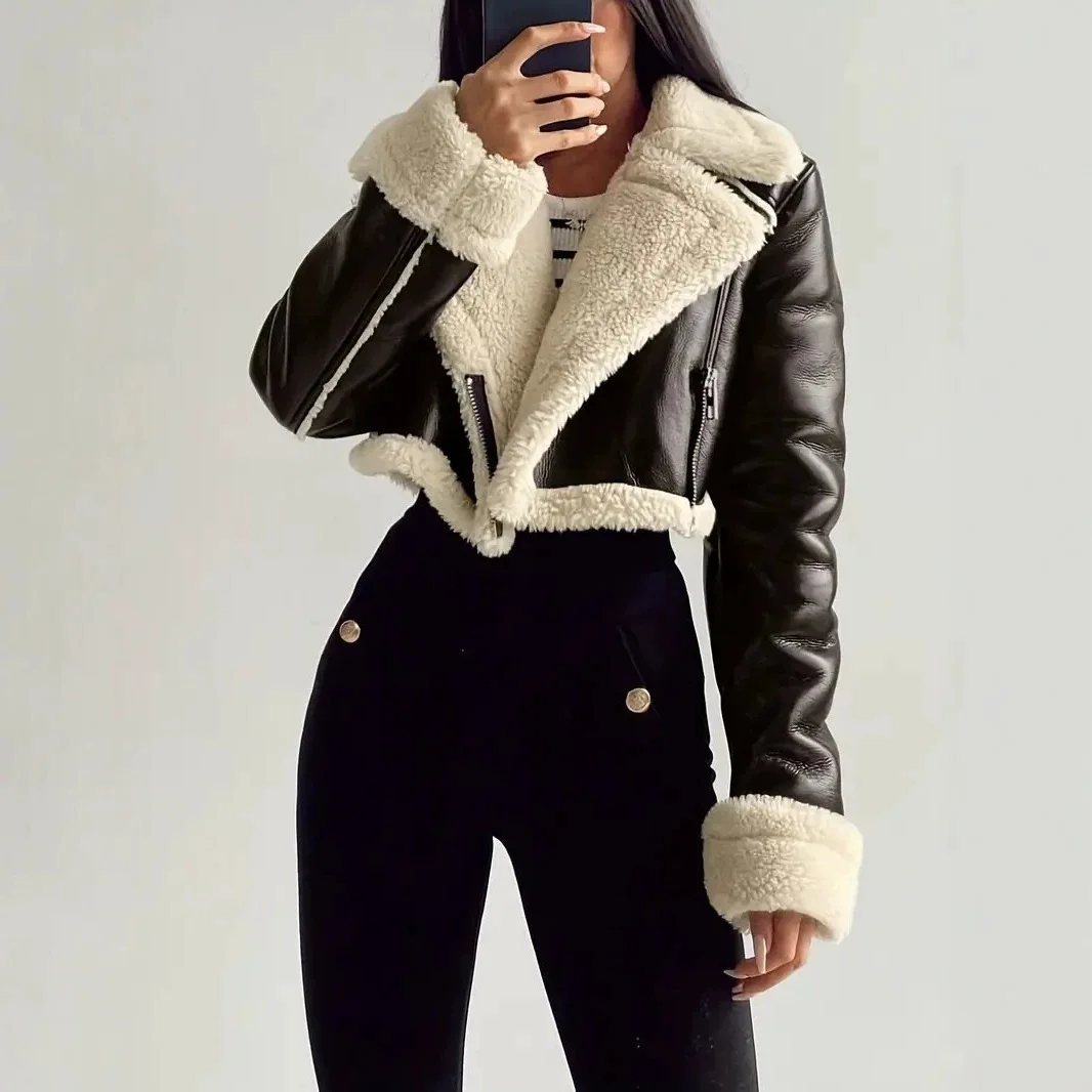 Windproof, Lady Cloth,   Short Motorcycle Jacket For Women, Thickened For Autumn. And Winter. With A False Fur Necklace Warm And