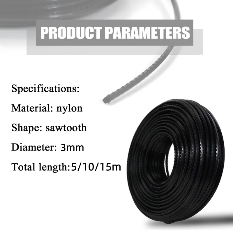 LUSQI Heavy Duty Black Nylon Trimmer Line 3MM Serrated Cut Grass Rope For Brush Cutter 5/10/15M Universal Weed Eater String
