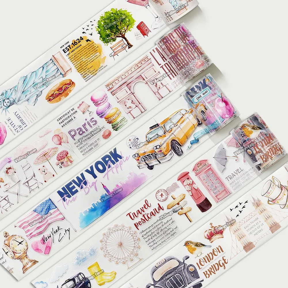 5M/roll WT Romantic Travel Pet Tape New York Paris Eiffel Tower Washi Tape Pink Masking Decorative Tape DIY Card Making