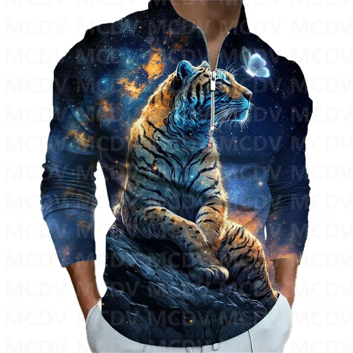 

Men's Long Sleeve Zipper Polo Shirt Tiger 3D Printed Polo Long Sleeve T Shirt Casual Tops