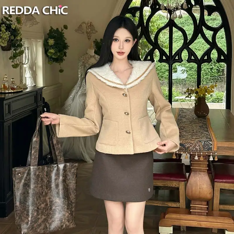 ReddaChic 2-piece Sailor Collar Crop Jacket Women Set Cute Fall Winter Mini Skirt Wool-blend Coat Preppy Style Retro Clothes