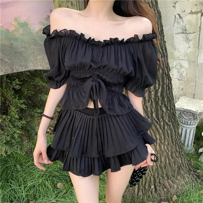 Fashion Comfortable Sweet Little Girl Clothing Drawstring Pleated Women's Summer High-end Top Design Cake Skirt Two-piece Set
