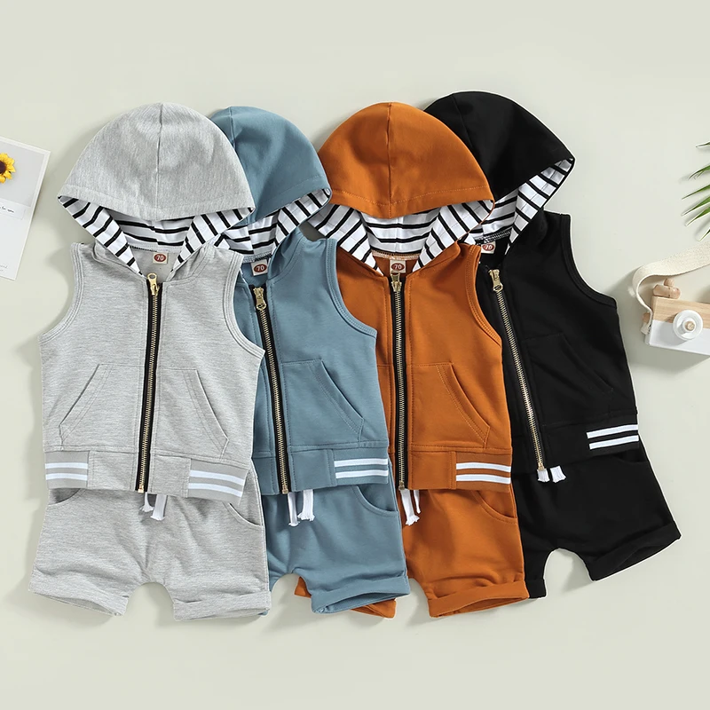 2023-02-04 Lioraitiin 0-3Years Toddler Boys 2Pcs Summer Outfit Sets Sleeveless Zipper Hoodie Solid Drawstring Shorts