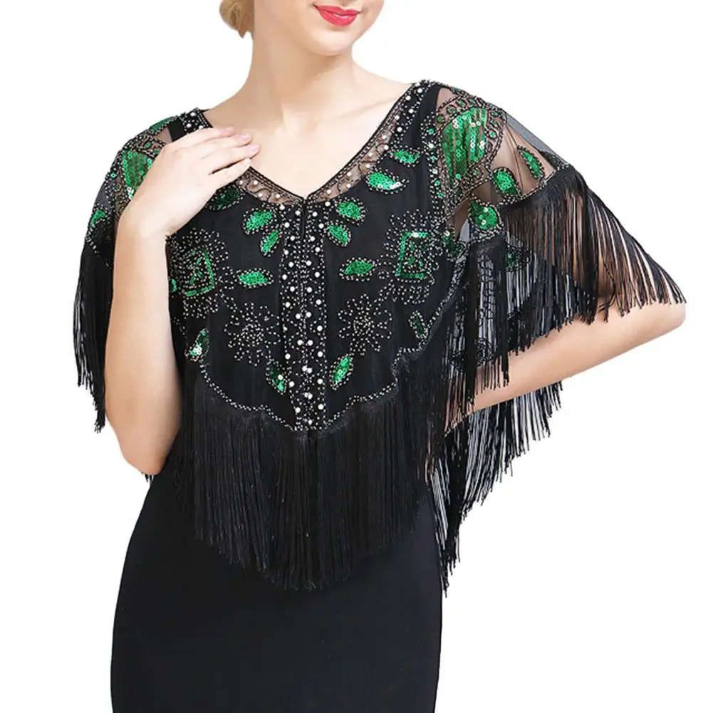 Women 1920s Sequined Shawl with Tassels Beaded Pearl Fringe Sheer Mesh Wraps Gatsby Flapper Bolero Cape Cover Up