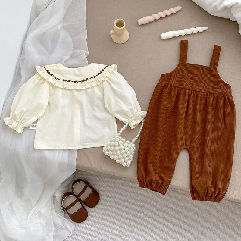 2024 New Autumn Infant Baby Girls Clothing Suit Long Sleeved Cotton Cardigan Shirt+Corduroy Jumpsuit Children Clothes Set