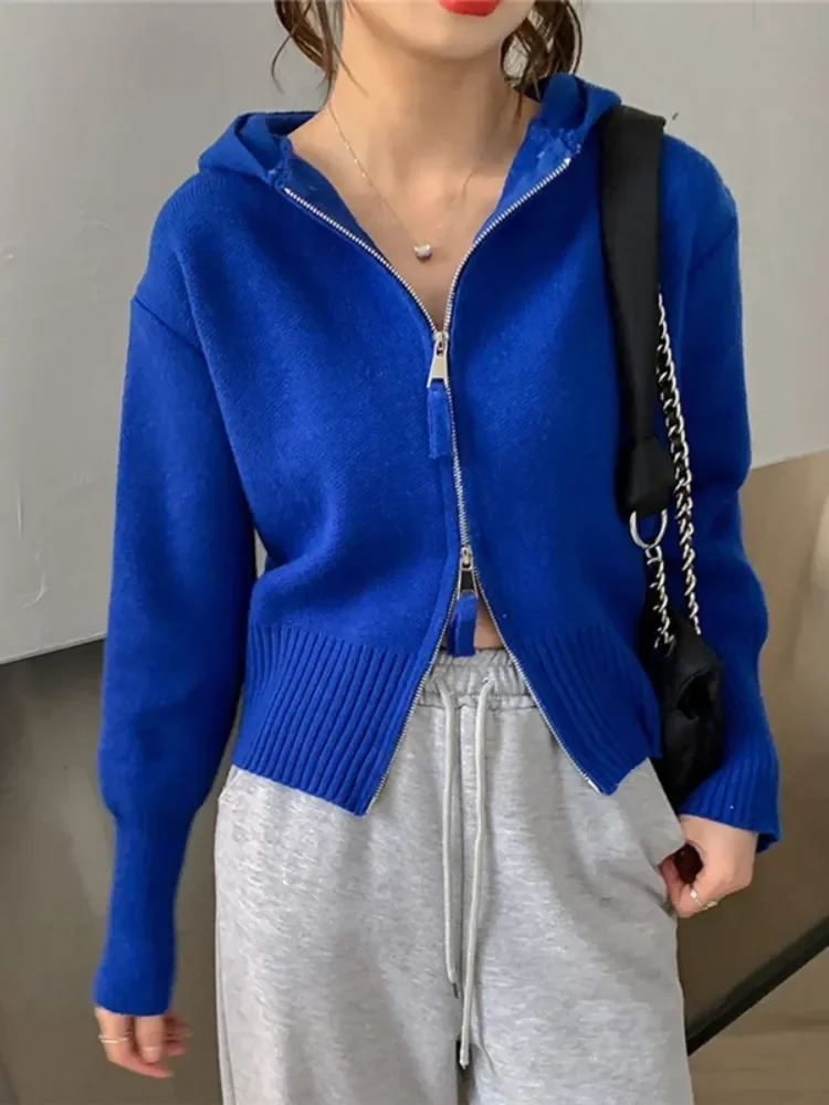 

Women's Sweater Solid Color Zipper Knit Coat Short Cardigan Hooded Fashion Autumn Klein Blue Cropped Cardigans for Woman