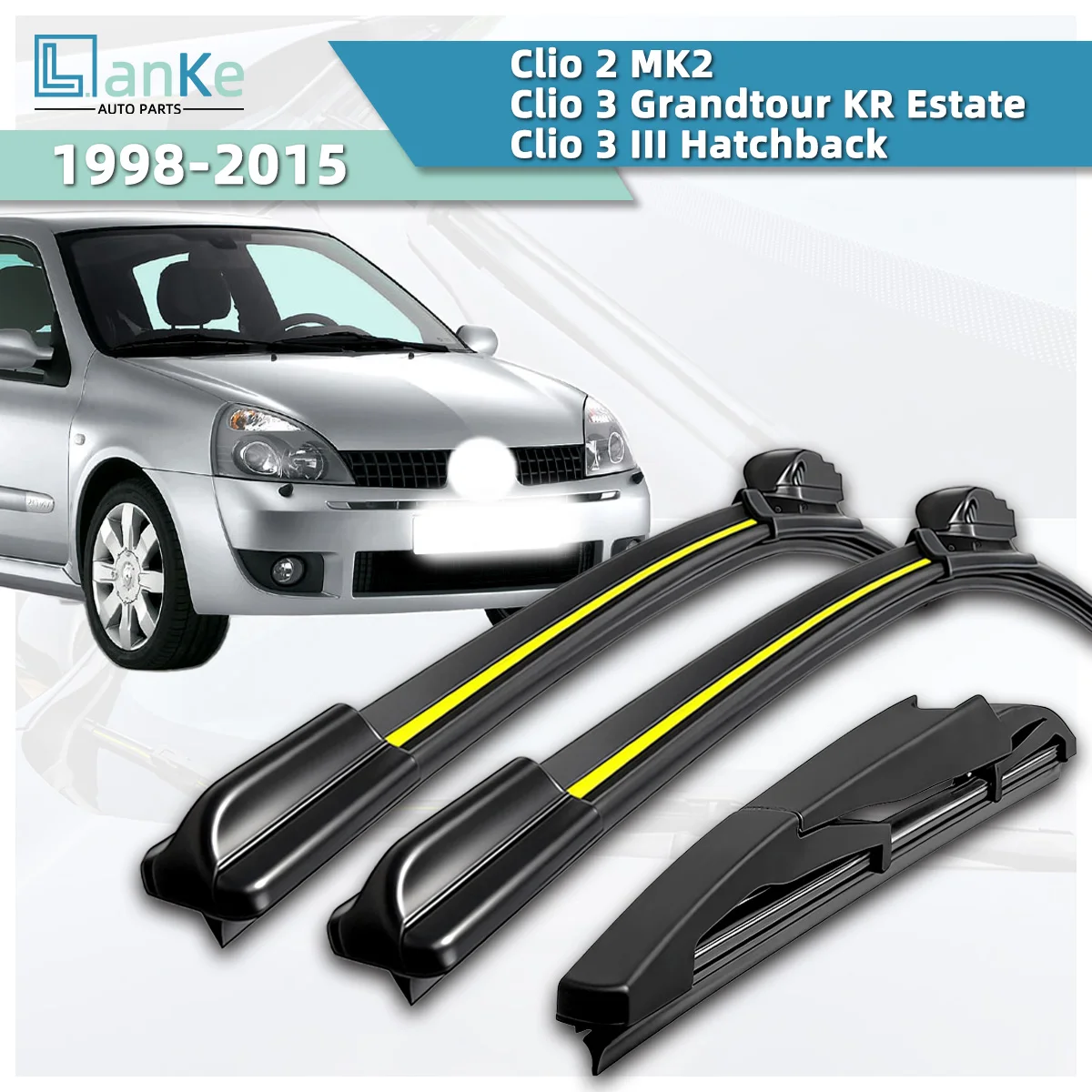 Escobilla Limpiaparabrisas Lanke Compatible con Renault Clio 2 MK2/ Clio 3 Grandtour KR Estate/ Clio 3 III Hatchback (1998-2015) Escobilla Silenciosa sin Estructura