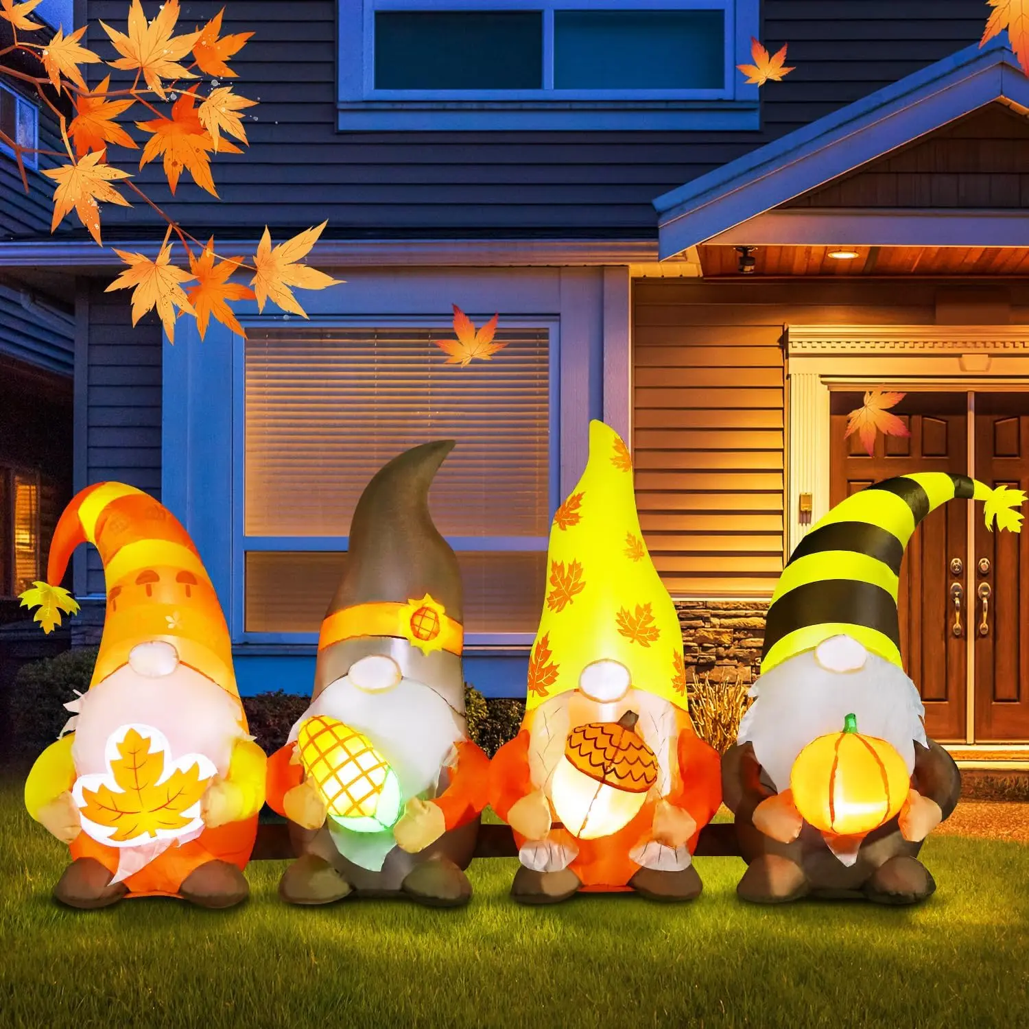 8FT Thanksgiving Inflatables Outdoor Decorations, Four Gnomes Fall Blow up Built-in LED Lights for Yard Autumn Holiday Harvest D