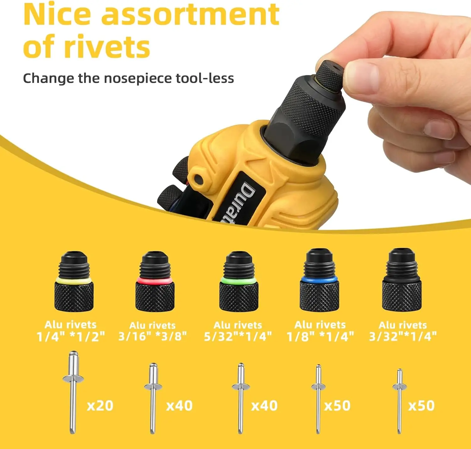 Rivet Gun Kit with 200 Blind Rivets, 5 Heads (3/32' to 1/4'), Heavy Duty Hand Tool for Metal, Gutter, Automotive