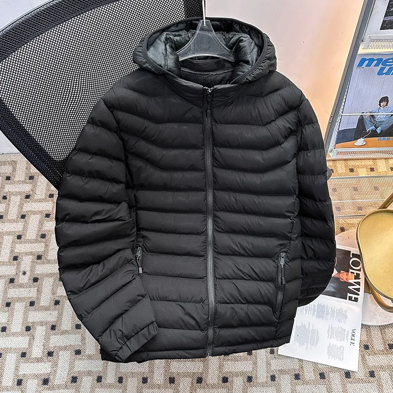 

Winter Quilted Hooded Cotton Jacket For Men Simple Solid Color Thicken Coat American Casual Fashion Loose Male Warm Coats