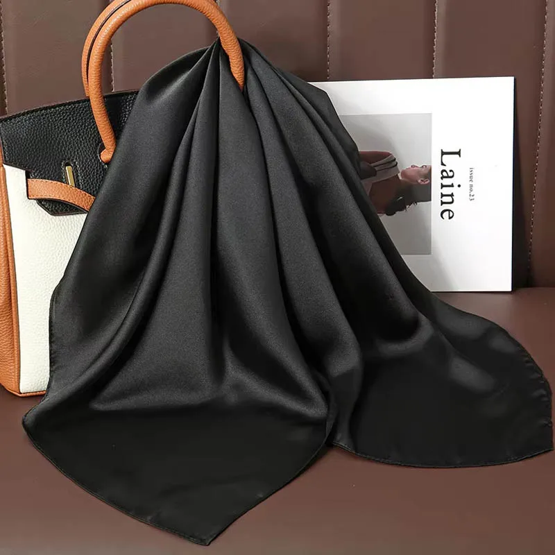 Luxury Solid Color Silk Square Scarf Women Soft Satin Horse Hairband Neckerchief Office Hijab Headband Foulard Bag Ribbons Gift