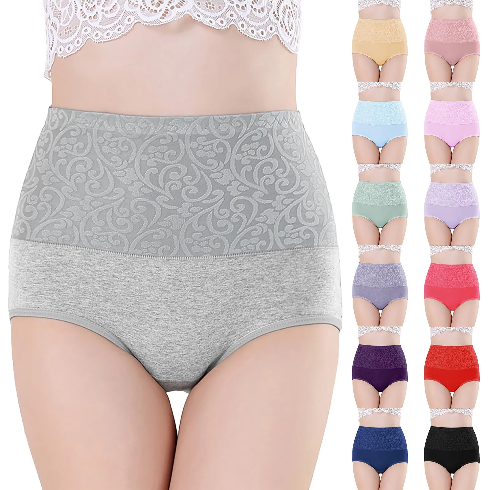 Women\'S Solid Color Cotton Panties High Waist Corset Anti-Slip Panties Tummy Tuck Shapewear Large Size Multi-Color Panties