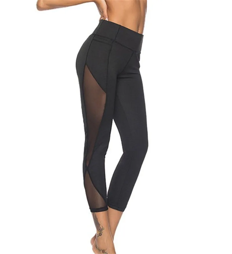 Leggings sexy in rete Estate Nuove donne Abbigliamento Scava fuori pizzo Nero Sport Pantaloni da yoga Moda Elasticità a vita alta Splicing