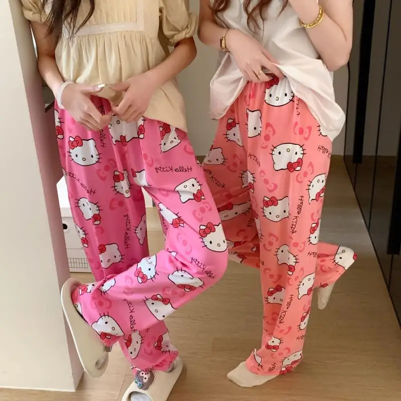 봄 가을 얇은 헬로 키티 프린트 여성 잠옷 바지 여름 인기 루즈 캐주얼 바지 만화 홈 캐주얼 워킹 바지 썸네일 6