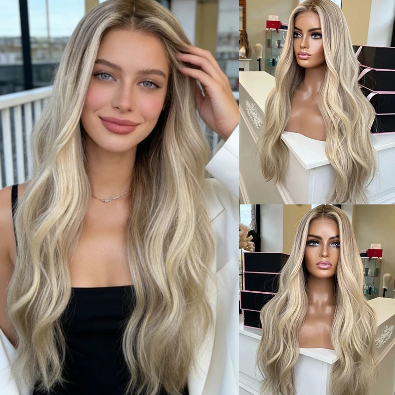 Ombre Ash Blonde HD Lace Front Wig High Quality Synthetic Wig  Realistic Look Natural Hairline Daily Party Cosplay Wigs Female