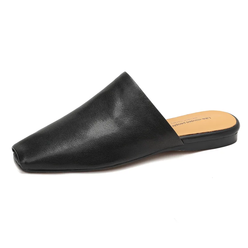 Size 34-43 Nature Genuine Leather Shoes Women Slippers Peep Toe Flat Mules Solid Color Summer Footwear Ladies Shoes