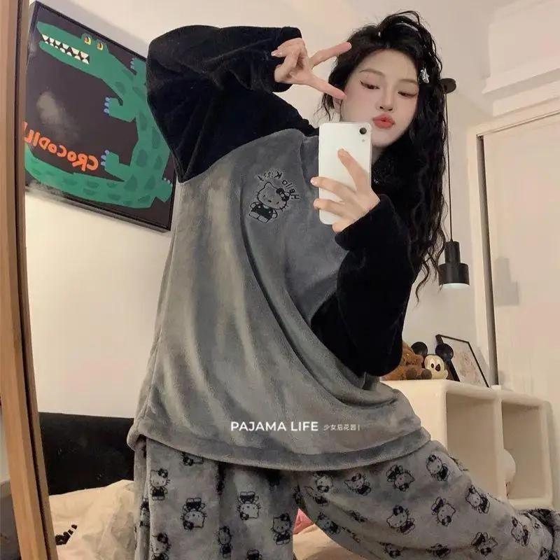 Sanrio Girl Flannel Round Neck Winter Thickening Leisure Time Pajama Set Kawaii Hello Kitty Comic Student Keep Warm Leisure Wear