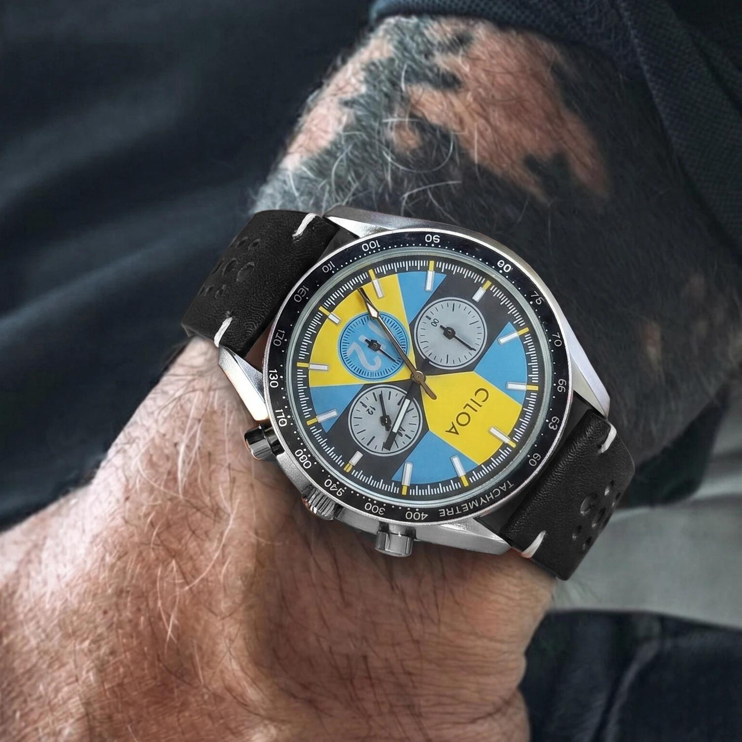 CILOA-Men Vintage Silver Watch Chronograph Blue Yellow Dial Brown Leather Strap Racing Sports Quartz Wrist Watch-558