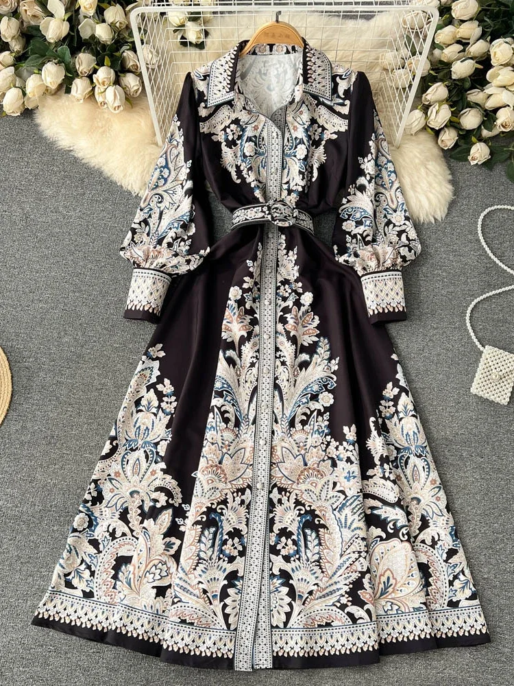 Spring Vintage Shirt Elegant Print Dress Women Lantern Sleeves Flip Collar Beach Vacation Party Dress Ladies Ethnic Style Robe