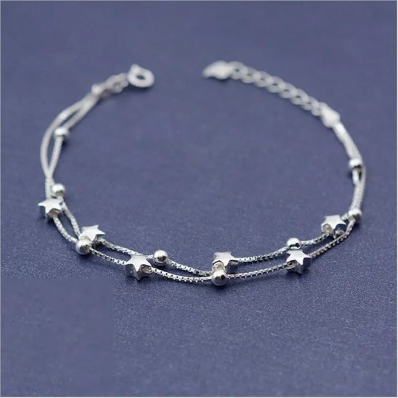 

Fashion Multi-layer 925 Sterling Silver Jewelry Frosted Five-pointed Star Chain Box Female Bracelets SL013