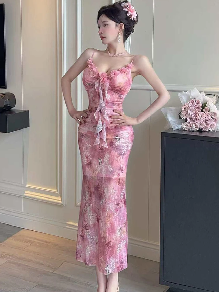 2025 neue Rosa Floral Mesh Rüschen Sexy Sling Langes Kleid Frauen Boho Elegante Casual Kleid Sommer Koreanische Mode Bodycon Prom Kleid