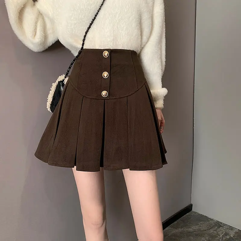 Woolen Skirt Thickened Single-Breasted Autumn And Winter Women'S New Solid Color A-Line Fake Pocket Versatile Pleated Skirt