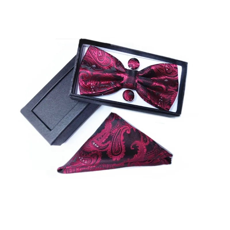 

Bowtie Men For Weddings Gifts Guests 100% Silk Gold Jacquard Pink Black Red Bow Tie Handkerchief Cufflinks Groomsman