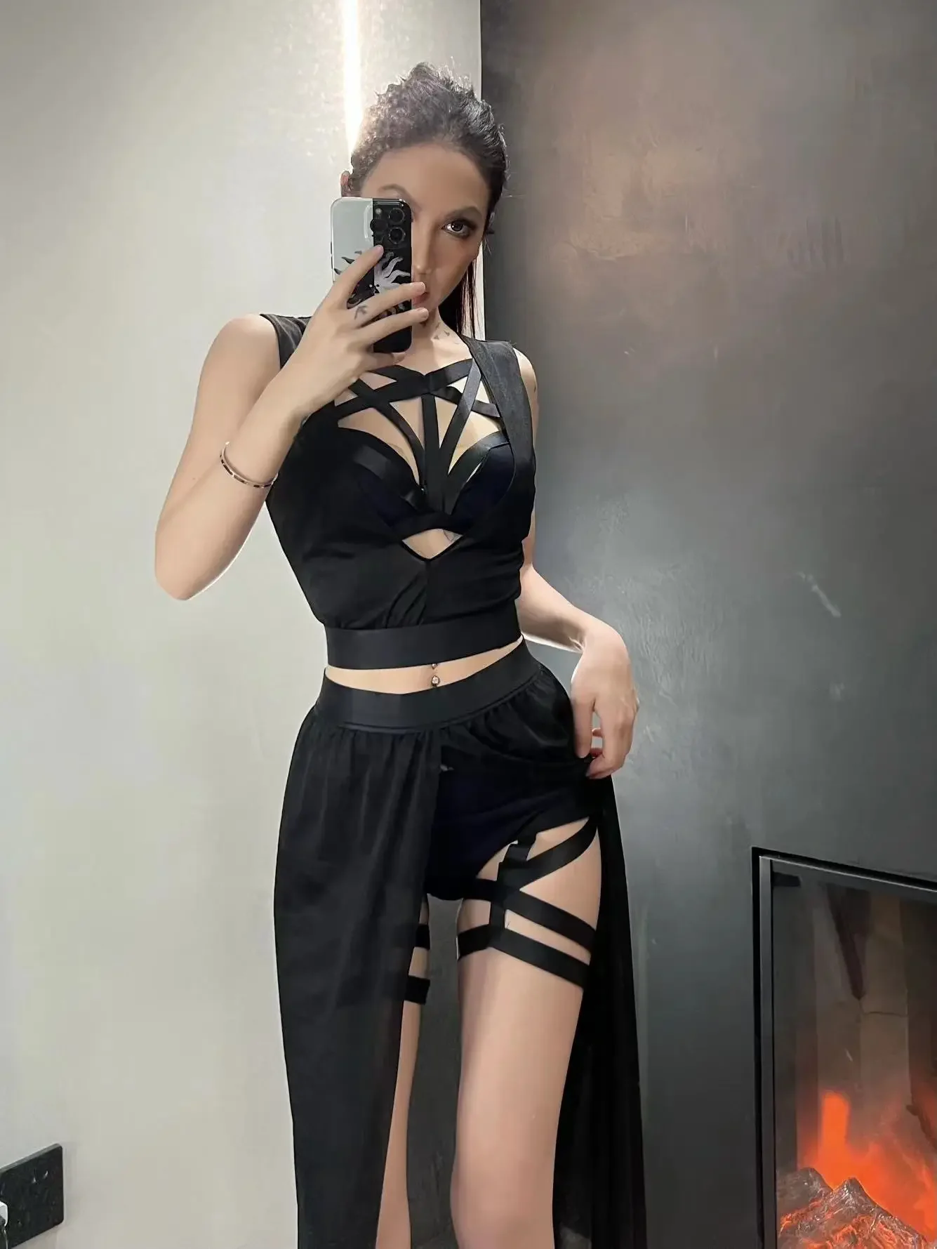

Club Mesh Sexy Summer Corsets Skirt Set Women Sleeveless Black Crop Bra Top Bandage Underpants Slit Skirt 4pcs Sets