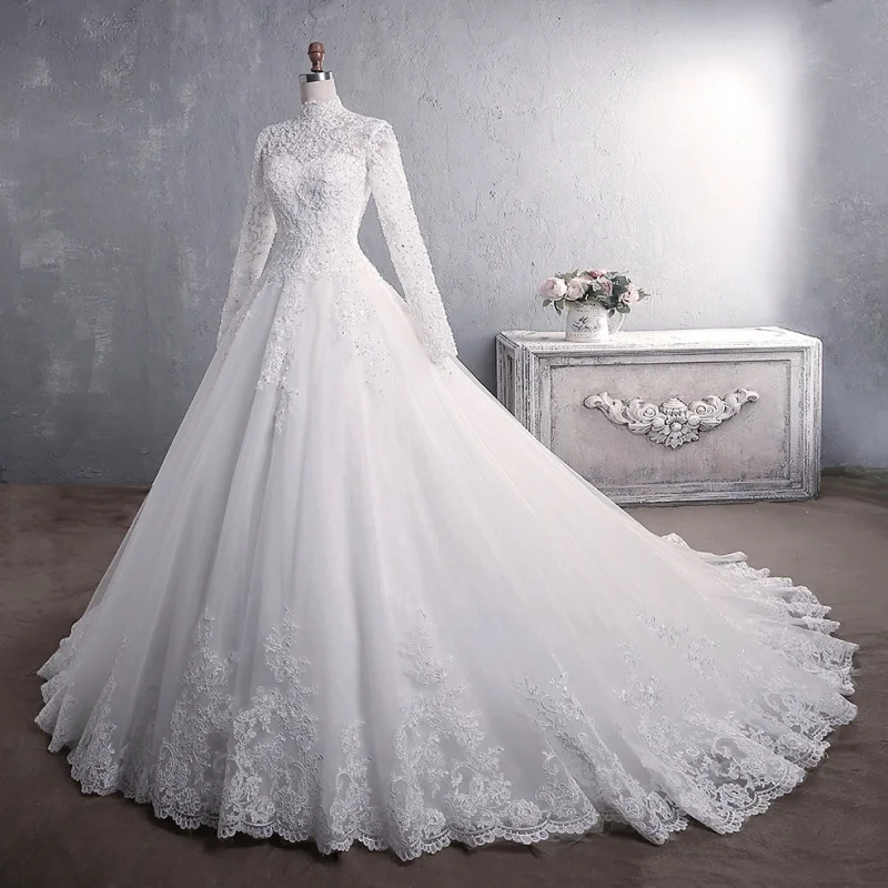 Wedding Dress Long Sleeve Muslimah Lace Bridal Stand Collar Large Tail Dinner Dresses Evening Ball Muslim Bride Gown L0001S