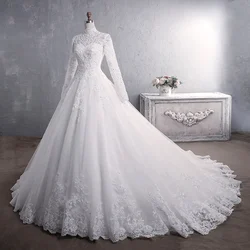 Wedding Dress Long Sleeve Muslimah Lace Bridal Stand Collar Large Tail Dinner Dresses Evening Ball Muslim Bride Gown L0001S