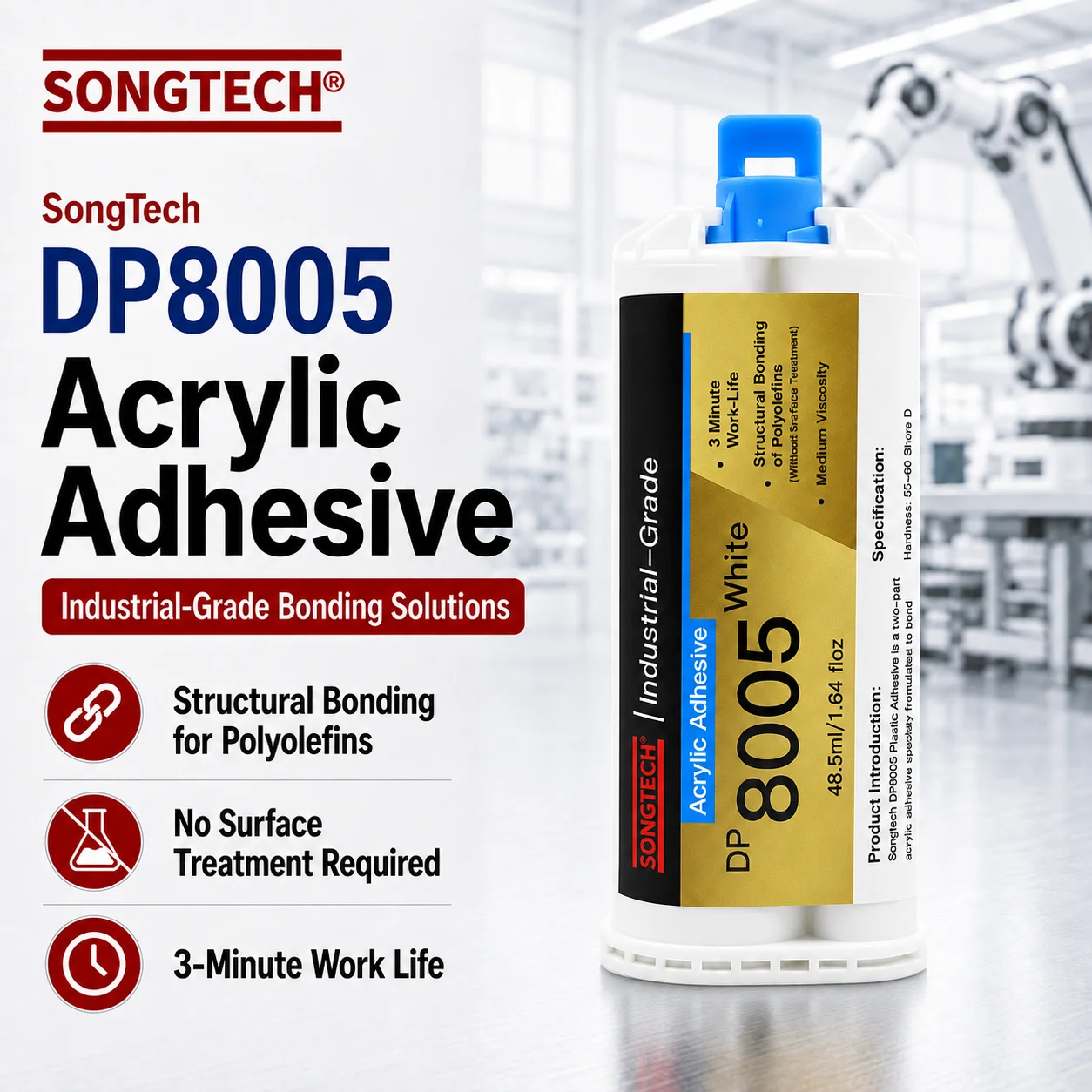 50ml-songtech-3m-dp8005-構造用アクリル接着剤-オフホワイト-低表面エネルギー-プラスチック接着剤-pp-pe-tpo接着用